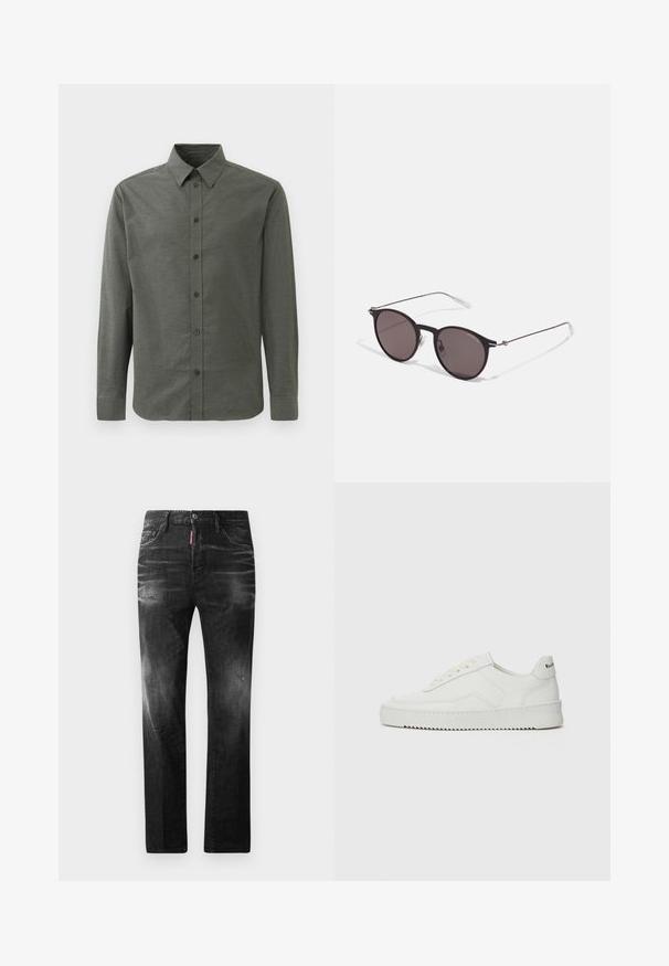 Srajca z dolgimi rokavi in gumbom v temno zeleni barvi, narejena iz strukturirane tkanine. Ima klasičen ovratnik in pet sprednjih gumbov.; Črne jeans hlače s ravnim krojem. Imajo zbledela mesta, manjše obrabe, klasičen petnajstni žepni dizajn in gumbasto zapiranje.; Bela usnjena športna obutev z gladko površino, okroglo prst, ravne vezalke in teksturiran podplat. Ima diskretno logo na peti.; Črne okrogla sončna očala s temnimi lečami in tankimi kovinskimi ročaji. Vključujejo prosojne konec ročajev in srebrne poudarke na tečaju. Minimalističen dizajn.