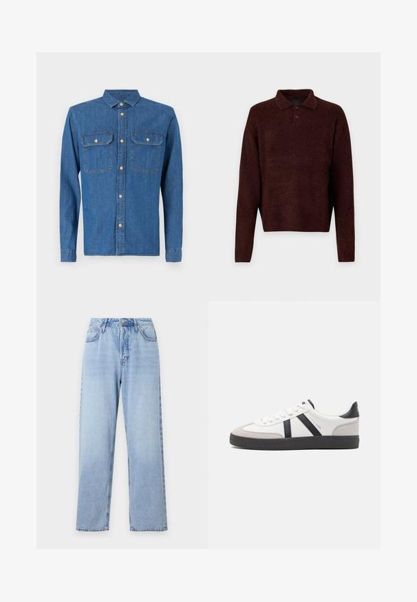 Jeansová košile v tmavě modré barvě, dlouhé rukávy s knoflíkovými manžetami, špičatý límec, dvě náprsní kapsy a zapínání na knoflíky vpředu se zlatým kováním.; Hnědý pletený pullover s polo límcem, třemi knoflíky na krku a dlouhými rukávy. Měkká textura, žebrované manžety a lem.; Světle modré džíny z denimu se rovný fit, vysokým pasem, pěti kapsami a uzávěrem na horní knoflík. Mají vybledlý vzhled a kontrastní prošívání.; Bílé tenisky s černými a šedými akcenty, opatřené texturovaným šedým prstovým krytem, černou gumovou podrážkou a plochými bílými tkaničkami. Čistý design, minimalistický styl.