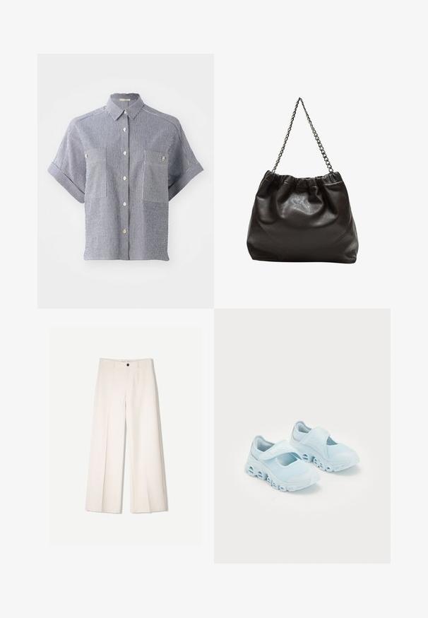 Camicia a maniche corte con bottoni in cotone a righe blu e bianche, dotata di due tasche frontali e colletto classico.; Top corto grigio scuro con scollatura a barca. Realizzato in tessuto a costine, presenta una vestibilità rilassata e un orlo pulito. Design semplice, senza motivi.; Pantaloni larghi color crema con design sartoriale, dotati di due tasche frontali e una chiusura con bottone anteriore, realizzati in tessuto liscio.; Sneakers azzurri chiari con tessuto in rete, ritagli prominenti nella suola e una striscia in Velcro sulla parte superiore per una vestibilità sicura.; Borsa in pelle marrone con parte superiore arricciata e tracolla a catena. Texture liscia con finitura lucida e dettagli di cucitura sottili sui lati.