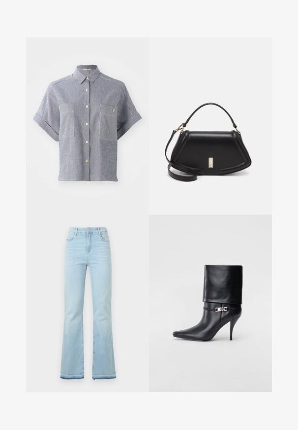 Kortefout overhemd met knopen in blauwe en witte streepjes van katoen, voorzien van twee voorzakken en een klassieke kraag.; Lichtblauwe klokbroeken van denim, met een hoge taille, voorzakken en een ruwe zoom bij de boorden voor een casual uitstraling.; Zwarte leren enkelboot met een spitse neus, hoge stilettohak, opgevouwen manchet en een gouden decoratieve gespdetails op de enkel.; Zwarte leren handtas met een gestructureerd ontwerp, featuring een verkorte vorm, bovenhandvat en gouden hardwareaccent. Inclusief verstelbare schouderband.