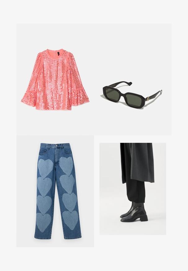 Pink long-sleeve top with a rounded neckline, adorned with sequins and flared cuffs. Soft fabric with a smooth texture and subtle sheen.; Denim jeans with a relaxed fit, featuring applied light blue heart patterns on the front, five pockets, and a button closure.; Black leather ankle boots with a square toe and chunky heel, worn with loose black trousers and a dark gray coat. Smooth surface texture.; Black rectangular sunglasses with solid green lenses, featuring a glossy finish and a gold logo accent on the side.