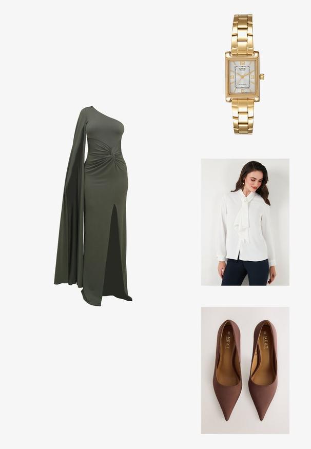 Vit blus med krage med slipsknut, långa ärmar och knappstängning. Har en pärlaccent nära kragen och en slät textur.; Grön, enaxlad klänning gjord av mjukt, stretchigt tyg. Har en tvinnad detalj vid midjan och en hög slits på ena sidan.; Bruna satinfärgade högklackade skor med spetsig tå och slät textur, med låg skärning och minimalistisk design. Invändig foder är beige.; Svart läder axelväska med en skrynklig textur, guld kedjedetaljer och en framträdande guldkrok med en oval logotyp. Justerbar axelrem.; Guldtonad rektangulär armbandsklocka med en vit urtavla, silvertonade timmarkörer och ett hållbart metallarmband. Vattentålig funktion ingår.