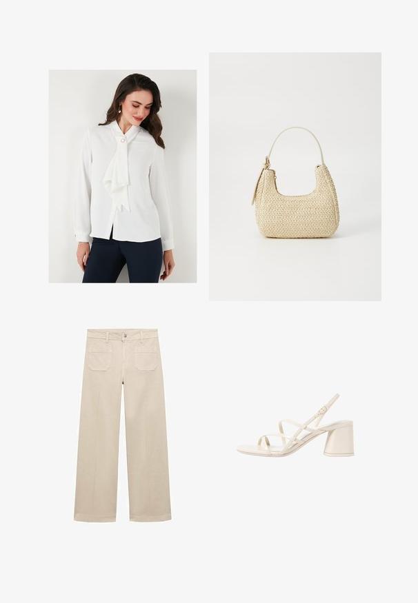 Hvid bluse med en sløjfe krave, lange ærmer og knaplukning. Har en perle detail nær kraven og en glat struktur.; Beige brede bukser lavet af bomuld. Udstyret med lynlås i skridtet, en frontknap og to påsydede lommer på bagsiden. Ren kant uden decoration.; Beige strop sandaletter med rund åben tå og en mellemstor blokhæl. Har justerbar ankelrem og en glat, blank finish.; Vævet stråhåndtaske i beige med en buet form, en kort håndtag og en sidelomme med lynlås. Har tekstureret overflade og minimalistisk design.