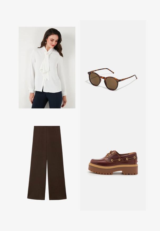 Blusa bianca con colletto a fiocco, maniche lunghe e chiusura a bottoni. Presenta un accentuazione in perle vicino al colletto e ha una texture liscia.; Pantaloni a gamba larga realizzati in un tessuto marrone scuro e liscio. Presentano una vita alta e un design minimalista senza decorazioni.; Scarpa da barca in pelle marrone con suola in gomma marrone robusta, occhielli dorati e cuciture a contrasto. Presenta un logo sul lato.; Occhiali da sole rotondi con montatura tartarugata e lenti marroni. Presentano aste sottili con una leggera texture e inserti in metallo vicino alle lenti.