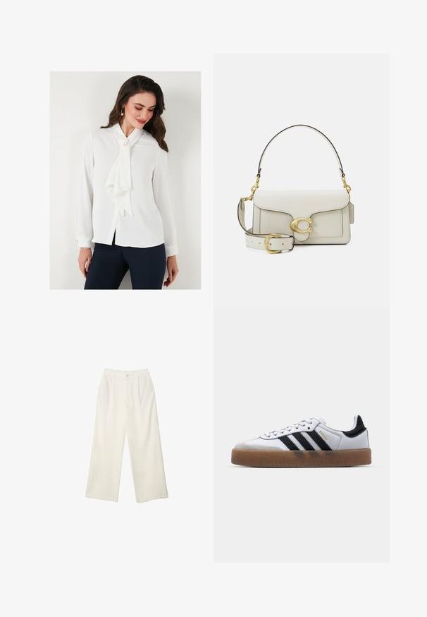 White blouse with a bow tie collar, long sleeves, and button closure. Features a pearl accent near the collar and has a smooth texture.; Wide-leg trousers in cream fabric with a smooth texture, featuring a single front button, subtle pleats, and a high waist design.; White leather sneakers with black stripes, gum rubber outsole, round toe, lace-up closure, and soft gray suede toe cap.; White leather handbag with gold hardware, featuring a flap closure and a detachable, adjustable strap. Rounded metal accent in center.