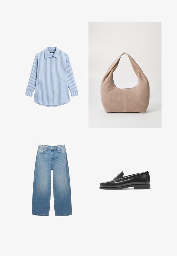 Camicia azzurro chiaro con righe verticali bianche e sottili rosse, maniche lunghe, colletto classico e orlo curvo.; Jeans a gamba larga di un blu chiaro in denim, con un classico design a cinque tasche e chiusura con bottone. Texture scolorita in tutta la superficie.; Mocassini in pelle nera con finitura liscia, tacco basso e fascia decorativa. Presentano una punta cucita e un design minimalista.; Borse hobo realizzata in morbido materiale scamosciato di colore beige chiaro. Caratterizzata da una forma arrotondata con una tracolla ampia e chiusura con zip.