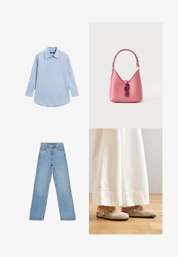 Ljusblå skjorta med knappar och vertikala vita och tunna röda ränder, långa ärmar, klassisk krage och böjd nederkant.; Ljusblå denimjeans med hög midja, rak bendesign, som har fem fickor och knappstängning. Inga synliga mönster.; Beiga mockasiner i mocka med en spännsrem och nitar, bärs med vita vida byxor, placerade på ett trägolv.; Rosa läderhandväska med en strukturerad form, med en glänsande stängning och ett enda justerbart band. Texturerad yta med detaljer i guld.
