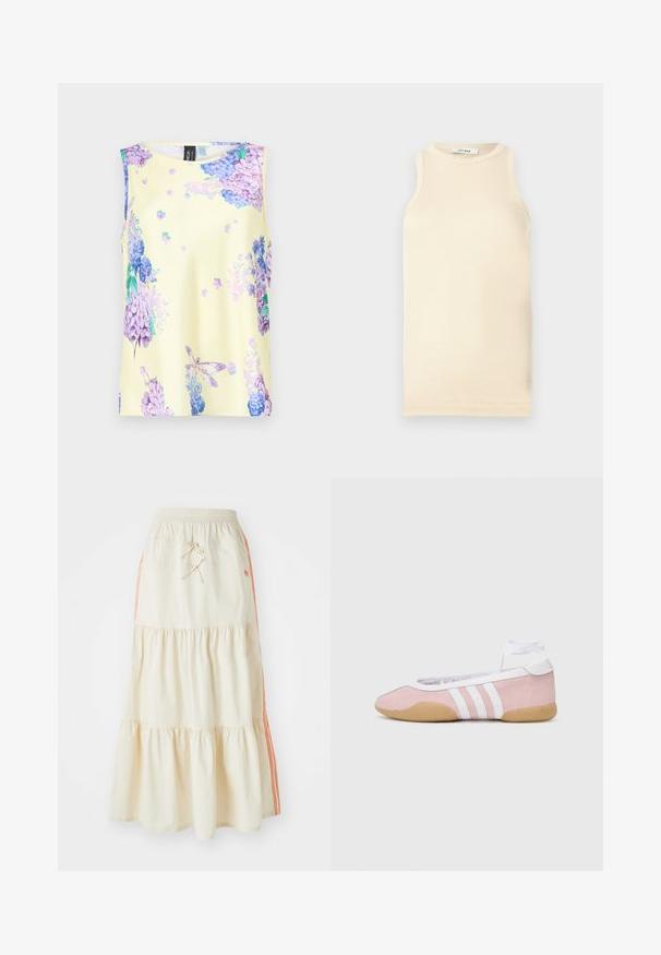 Ujj nélküli felső sima anyagból, sárga színű lila és kék virágmintával. Kerek nyakkivágással és laza szabással rendelkezik.; Fény bézs, ujjatlan felső, bordázott anyagból, kerek nyakkivágással és karcsúsított fazonnal. Simaszerkezet minimális varrásokkal.; Tejfehér, réteges midi szoknya elasztikus derékkal és húzózsinórral. Narancssárga oldalsávokkal és puha, sima pamut textúrával rendelkezik.; adidas Originals TAEKWONDO MEI BALLET - Sportcipő - clear pink/ftwr white/gum