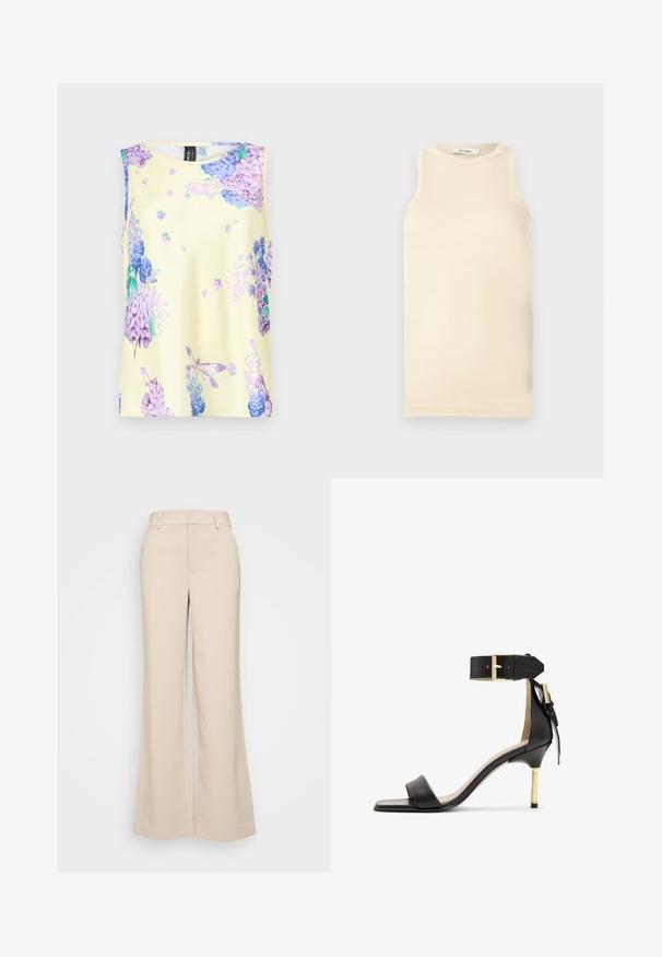 Ærmeløs top i blødt stof, gul med blomsterprint i lilla og blå. Har rund halsudskæring og afslappet pasform.; Lys beige ærmeløs top lavet af ribbet stof, med en rund halsudskæring og tætsiddende design. Glat tekstur med minimale sømme.; Beige vidde bukser med en glat overflade, der har en høj talje og to forlommer. Renset design med en skræddersyet pasform.; Sort læder hæl sandal med firkantet tå, ankelrem med en guldbuckle og en slank metallisk hæl. Glat tekstur, minimalistisk design.