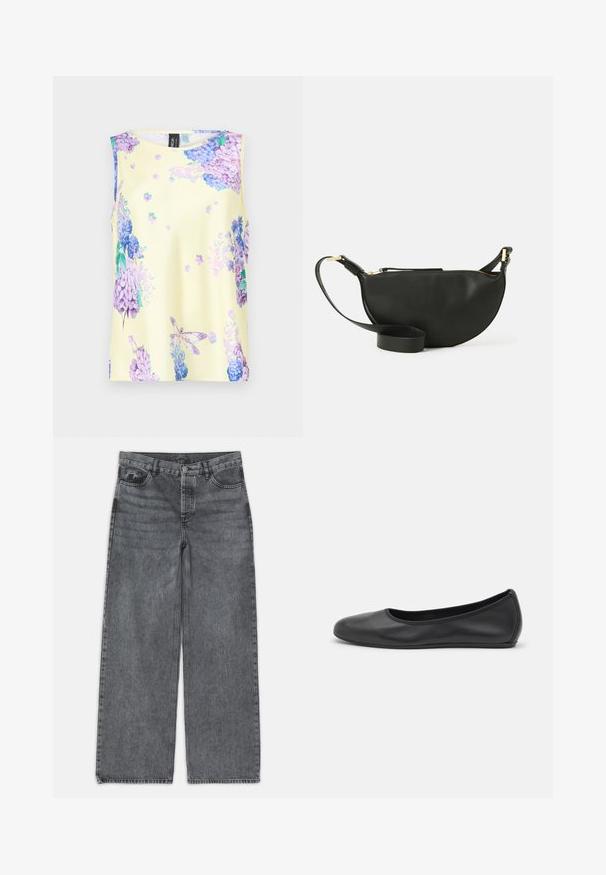 Top senza maniche realizzato in tessuto liscio, giallo con stampe floreali in viola e blu. Caratterizzato da un collo rotondo e una vestibilità rilassata.; Jeans a gamba larga in denim grigio scuro. Presentano una vita alta, design a cinque tasche e chiusura anteriore con bottone. Texture liscia con un leggero sbiadimento.; Pantofole da balletto nere in pelle con punta arrotondata, texture liscia, dettagli di cucitura minimi e design con suola flessibile.; Borsa a tracolla in pelle nera a forma di mezzaluna, superficie texturizzata, zip dorata e tracolla piatta. Design compatto adatto per gli essenziali.