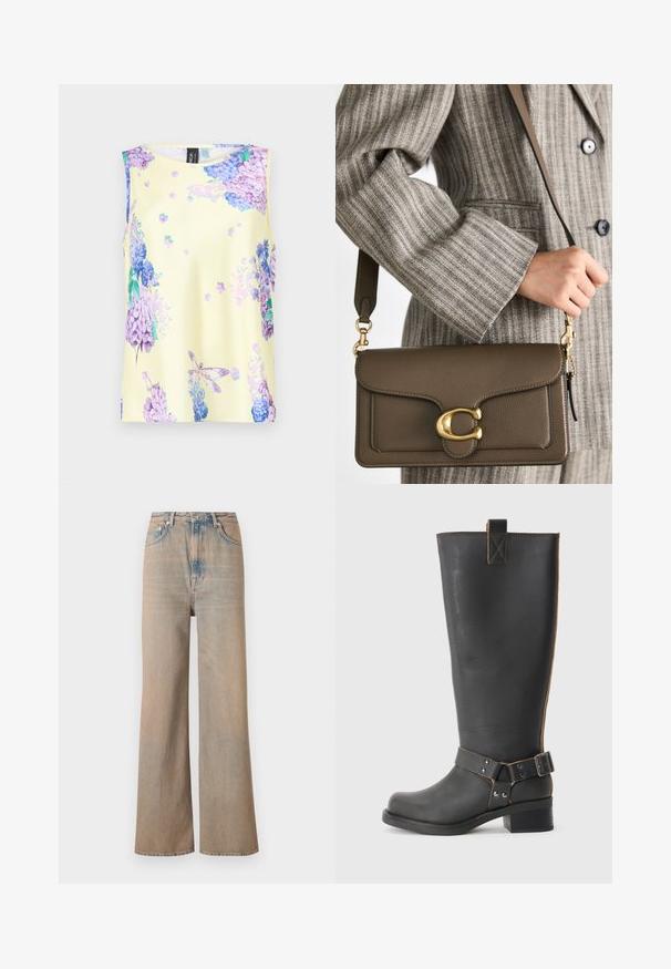 Sleeveless top made of smooth fabric, yellow with floral prints in purple and blue. Features a round neckline and relaxed fit.; Light wash wide-leg jeans with a high waist, made of denim. Features subtle stitching and five pockets, with a slightly faded texture.; Black leather knee-high boot with a textured finish, featuring a side buckle accent and a low heel. Detailed stitching along the seams.; COACH TABBY SHOULDER BAG 26 - Handbag - dark stone