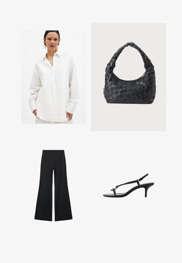 Weißes Hemd mit Knopfverschluss, gefertigt aus glattem Baumwollstoff. Es hat einen klassischen Kragen, lange Ärmel und einen lockeren Schnitt mit subtiler Textur.; Schwarze weit geschnittene Hose mit glatter Textur, ausgestattet mit Frontfalten und einem taillierten Design. Der Stoff ist leicht und fließend.; Schwarze Leder-Kitten-Heel-Sandale mit dünnen Riemen, goldener Schnalle und minimalistischer Zehen-Schlaufe vor einem weißen Hintergrund.; Schwarze Leder Schultertasche mit geflochtenem Tragegriff und halbrunder Form auf einem einfarbigen Hintergrund.