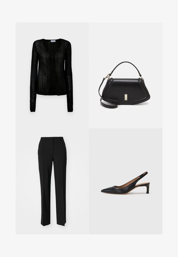 Mustat, kevyet neuletakit, joissa on pitkät hihat ja V-pääntie. Teksturoitu kangas, jossa on pystysuoria raitoja ja etupainike.; Mustat räätälöidyt housut suoraa lahjetta, joissa on sileä pinta ja terävät taitteet edessä. Ei näkyvää metalliosaa.; Mustat nahkaiset slingback-korkokengät, joissa on terävä kärki, matala korko ja sileä pinta. Varustettu ohuella säädettävällä hihnalla turvallisen istuvuuden takaamiseksi.; Mustalla nahkalaukulla, jossa on jämäkkä muotoilu, lyhyt malli, yläkahva ja kultaiset yksityiskohdat. Säädettävä olkahihna sisältyy.