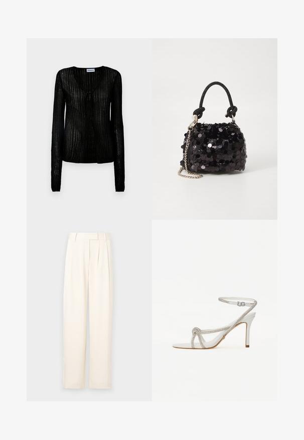Schwarze Strickjacke mit V-Ausschnitt und Knopfverschluss. Lange Ärmel mit strukturierter, leichter Gestaltung und offenem Strickmuster.; Helle beige weite Beinkleider mit glatter Textur, die vorn Falten und einen flachen Bund aufweisen. Keine sichtbaren Verschlüsse oder Taschen.; Weiße High-Heel-Sandale mit einem strukturierten Riemen, der mit Strasssteinen verziert ist, offener Zehenbereich und Knöchelriemen mit verstellbarer Schnalle.; Schwarze Pailletten-Mini-Handtasche mit einem geknoteten, strukturierten Tragegurt und einer silbernen Kette. Abgerundete Form mit gerafftem oberen Teil und reflektierenden Details.