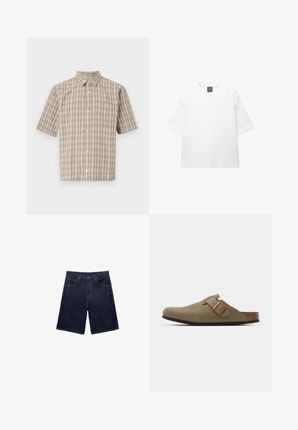 Koszula krótki rękaw w kratę w odcieniach beżu i bieli, z kołnierzykiem, guzikami i kieszenią na piersi. Wykonana z teksturowanej tkaniny.; Biała krótka koszulka z krótkim rękawem, wykonana z bawełny, z okrągłym dekoltem i luźnym fasonem oraz prostym dołem. Bez wzorów ani ozdób.; Dżinsowe szorty w ciemnoniebieskim kolorze, charakteryzujące się klasycznym krojem, pięcioma kieszeniami i kontrastowym przeszyciem. Gładka faktura z solidnym pasem.; Brązowe chodaki o gładkim, matowym wykończeniu. Posiadają wyraźną mosiężną klamrę z boku. Korkowa wkładka i gumowa podeszwa dla wygody.