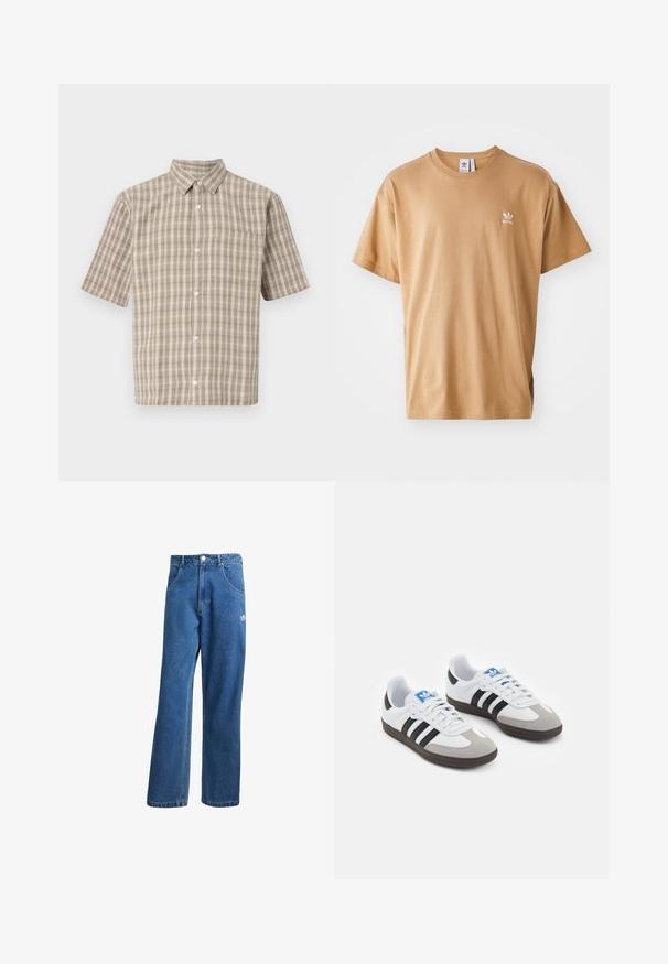 Kortermet rutete skjorte i beige og hvit, med krage, knapper og brystlomme. Laget av et teksturert stoff.; Brun bomull t-skjorte med rund hals og kort erme. Har en liten hvit Adidas-logo på venstre bryst. Myk tekstur, avslappet passform.; Blå høyhalsede vide denimjeans med frontlommer, belteholdere, knappelukking og liten Adidas-logo på høyre lår.; Sportssko med en hvit skinnoverdel, grå semsket tå og tre svarte striper. Har en blå logo på tungen og en teksturert gummisåle.