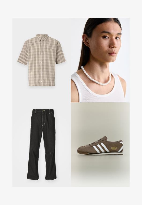 Camicia a maniche corte a quadri in beige e bianco, con colletto, bottoni e taschino sul petto. Realizzata in un tessuto testurizzato.; Jeans in denim nero con una vestibilità ampia, caratterizzati da cuciture bianche a contrasto, chiusura a bottone e un design a gamba dritta.; Sneaker in camoscio marrone con tre strisce bianche, suola piatta in gomma, punta tonda e logo dorato "adidas Italia" sul lato.; Collana di conchiglie bianche composta da forme irregolari, indossata sopra una maglietta bianca aderente. Texture liscia con una leggera lucentezza, design aderente.