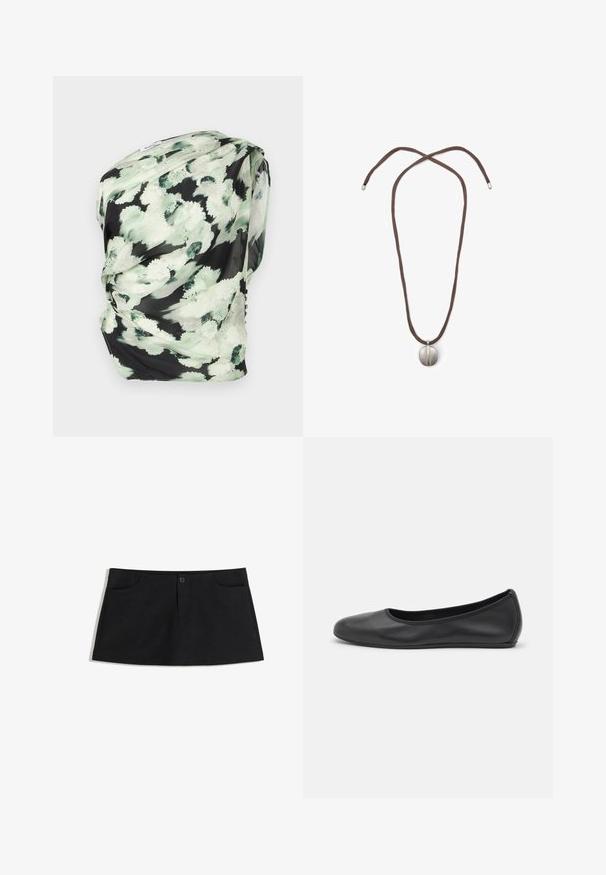 Blumen-Schal aus leichtem Stoff, mit schwarzem Hintergrund und grünen sowie weißen abstrakten Mustern, in sanfter Textur drapiert.; Schwarzer, knielanger Rock aus weichem Stoff. Verfügbar mit zwei frontalen Taschen und einem einzelnen Knopfverschluss an der Taille.; Schwarze Leder-Ballettschuhe mit abgerundeter Spitze, glatter Textur, minimalen Nähdetails und einem flexiblen Sohlen-Design.; Halskette mit einem braunen Band und einem silbernen ovalen Anhänger. Der Anhänger hat eine glatte Oberfläche und eine leichte Vertiefung in der Mitte.