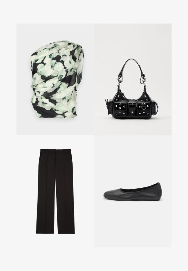 Cvečni šal iz lahkega materiala, z črnim ozadjem in zelenimi ter belimi abstraktnimi vzorci, z mehko teksturo.; Črne krojene hlače iz gladkega materiala, s straight-leg obliko in dvema stranskima žepoma. Elegantna in minimalistična zasnova.; Črne usnjene balerinke z zaobljenim nosom, gladko teksturo, minimalnimi šivi in fleksibilno zasnovo podplata.; Črna usnjena torbica s ukrivljenim dizajnom, ki vsebuje srebrne žebljičke, zaponko in dve stranski žepki. Nastavljiv trak za različne možnosti nošenja.
