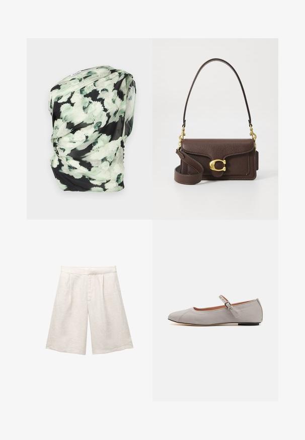 Květinový šátek z lehkého materiálu, se černým pozadím a zelenými a bílými abstraktními vzory, s jemnou texturou.; Beige lněné šortky s širokými nohavicemi, s předními záhyby a hladkým pasem. Materiál má mírně texturovaný povrch.; MAX&Co. LIV - Baleríny s páskem - grigio perla; Hnědá texturovaná kožená kabelka se zlatým zapínáním, nastavitelným popruhem a klopou. Obsahuje malou připojenou visačku pro přidaný detail.