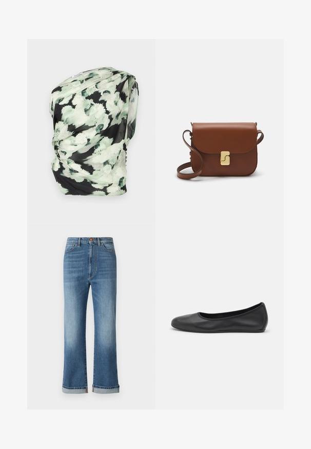 Floral scarf in lightweight fabric, featuring a black background with green and white abstract patterns, draped with soft texture.; Blue denim jeans with a high waist, wide-leg cut, and rolled cuffs. Visible stitching and a front button closure with classic five-pocket design.; Black leather ballet flat with a rounded toe, smooth texture, minimal stitching detail, and a flexible sole design.; Brown leather handbag with a flap closure, gold-tone hardware, a shoulder strap, and a smooth texture. Compact rectangular shape.