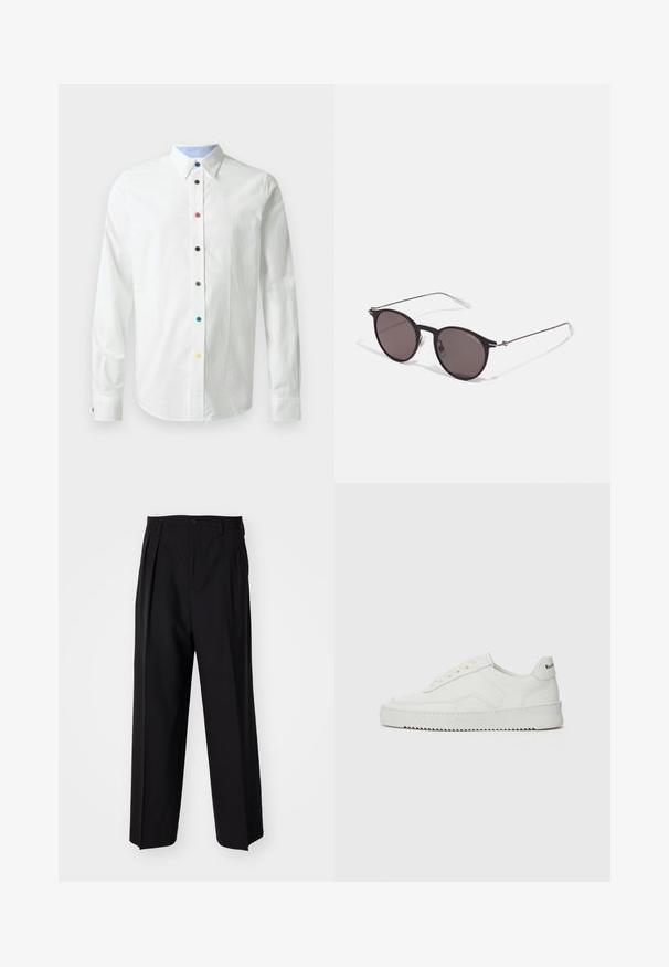 Chemise blanche à manches longues avec un col boutonné, ornée de boutons multicolores à l'avant et d'une doublure de col intérieure bleu clair.; T-shirt en coton noir avec un col rond, des manches courtes et le logo "EMPORIO ARMANI" en blanc au-dessus de "Milano" dans un design incurvé.; Pantalons plissés noirs avec un design droit et large. Fabriqués en tissu lisse, avec une fermeture à bouton et des passants de ceinture.; Baskets en cuir blanc avec une finition lisse, bout arrondi, lacets plats et semelle texturée. Présente un logo discret sur le talon.; Lunettes de soleil noires rondes avec verres sombres et branches en métal fines. Comprend des embouts transparents et des accents argentés au niveau de la charnière. Design minimaliste.