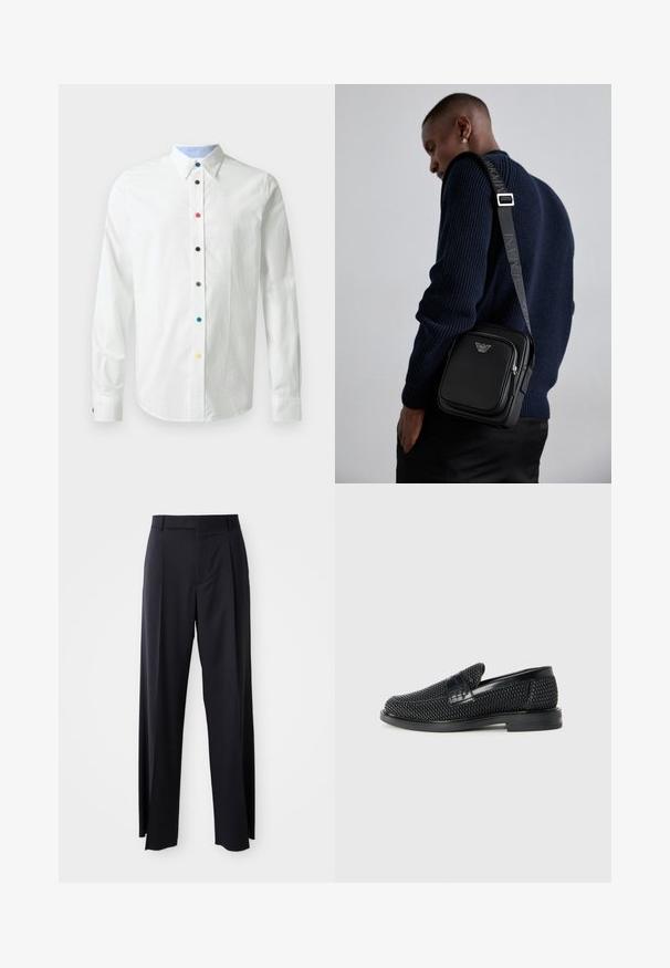 Biała koszula z długim rękawem i kołnierzykiem zapinanym na guziki, z kolorowymi guzikami na przodzie oraz jasnoniebieskim wykończeniem kołnierzyka wewnątrz.; Czarne, wysokie spodnie o szerokim kroju, wykonane z gładkiego materiału. Posiadają zakładki z przodu i paski na pasek. Minimalistyczny design, bez widocznych elementów metalowych.; Czarny, pleciony but wsuwany z gładkim skórzanym akcentem na cholewce, o okrągłym nosku i niskoprofilowej gumowej podeszwie.; Czarna skórzana torba na ramię z zamykaną kieszenią, detalem z logo i regulowanym paskiem z logo. Nosi ona na tle teksturowanego granatowego swetra.
