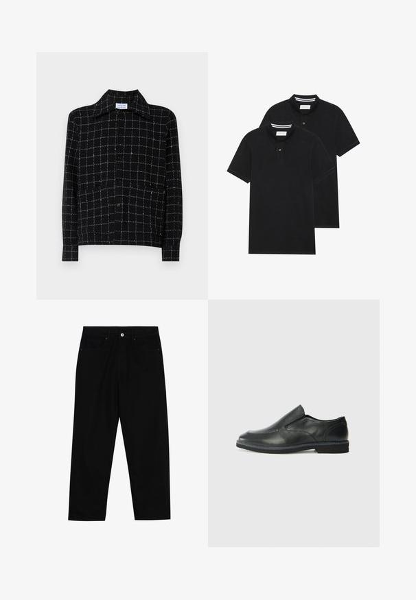 Camicia nera con bottoni, caratterizzata da un grande motivo a quadri con linee bianche, con colletto classico e maniche lunghe, realizzata in un tessuto strutturato.; Due magliette polo nere, con maniche corte, in cotone, con colletto classico, pattina a due bottoni e dettagli a righe bianche all'interno del colletto.; Pantaloni in denim nero con taglio dritto, design a cinque tasche e chiusura frontale con bottone. Tessuto liscio con dettagli di cucitura minimi.; Scarpa nera in pelle con inserto scivolare, superiore liscio, dettagli cuciti, punta arrotondata e tacco in gomma basso. La suola presenta un battistrada minimale.