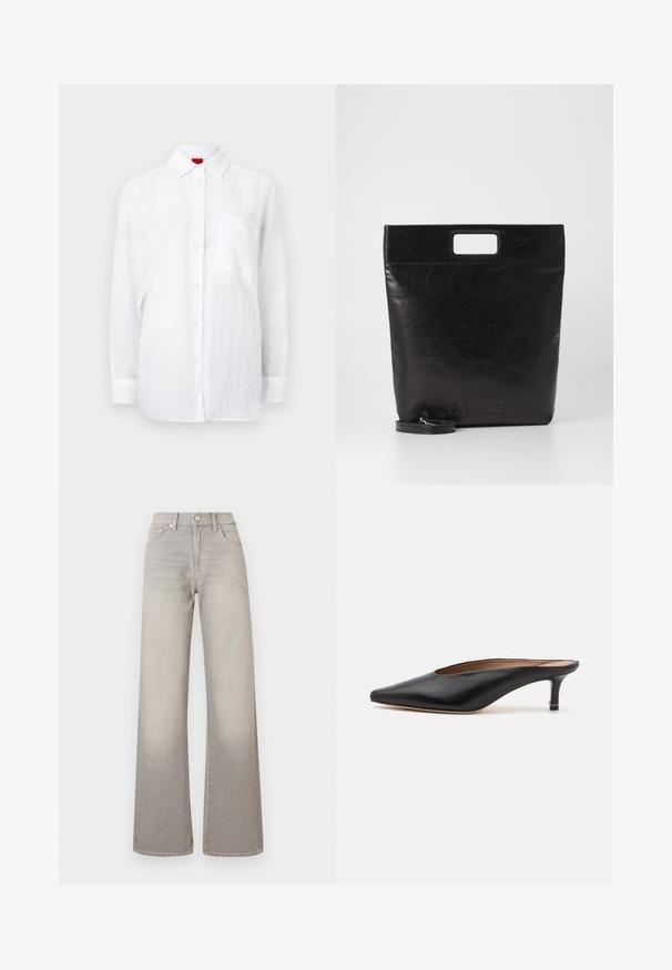 White long-sleeve shirt made of lightweight fabric, featuring a button-down front, collar, and a left chest pocket. Subtle textured finish.; Gray wide-leg jeans with a faded finish, button closure, five-pocket design, and stitched detailing along the seams.; Black leather mules with a pointed toe and low, block heel. Smooth texture with a sleek design. Open back with minimal detailing.; Black leather tote bag with a square handle, featuring a textured finish and embossed logo. Includes a detachable strap.