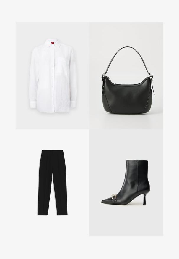 White long-sleeve shirt made of lightweight fabric, featuring a button-down front, collar, and a left chest pocket. Subtle textured finish.; Black trousers with a straight fit, featuring double pleats, a smooth texture, and a classic waistband design. No visible hardware or accents.; Black leather ankle boot with pointed toe, slim mid-height heel, and silver buckle detail on side against plain background.; Black leather handbag with a curved shape, silver zipper, and a short handle. Features a subtle logo on the front and smooth texture.