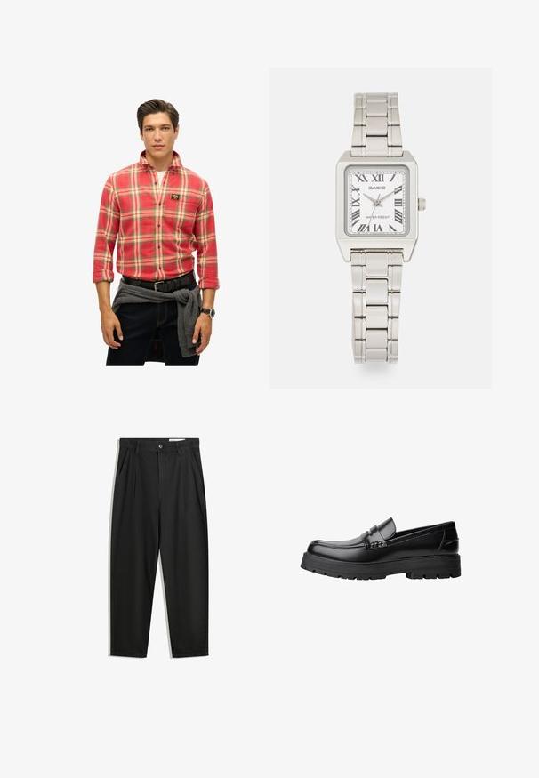 Chemise à carreaux rouges avec des accents jaunes, verts et bleus. Manches longues, col à boutons, avec un patch logo. Jeans bleu foncé et pull gris noué à la taille.; Pantalon en coton noir avec une coupe décontractée, dotés d'une taille classique, de plis à l'avant et de poches latérales. Texture lisse sans motifs.; Mocassin en cuir noir avec semelle épaisse à motifs et une sangle décorative sur le dessus, présenté en profil sur le côté gauche sur fond blanc.; Montre-bracelet en métal argenté avec un boîtier carré, un cadran blanc, des chiffres romains et un bracelet en maillons argentés. Dispose d'un design résistant à l'eau.