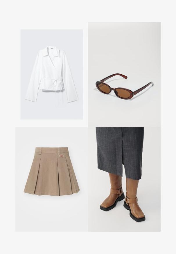 Weißes Wickeltop aus glattem Stoff, mit einem einschnittenen Kragen, langen Ärmeln und einer taillierten Passform mit einem Knoten-Detail. Schlichtes und modernes Design.; Beige Plissierrock aus einem strukturierten Stoff. Verfügt über einen Bund mit Gürtelschlaufen und einem Logo-Patch auf der linken Vorderseite.; Braune Lederknief boots mit quadratischer Spitze, schwarzem Gummisohle und verstellbarem Riemen mit Schnalle. Tragen mit einem grauen Nadelstreifenrock.; Runde, braun getönte Sonnenbrillen mit einem glänzenden burgunderfarbenen Rahmen. Schlanke Bügel mit dezentem Branding. Flaches Linsendesign.
