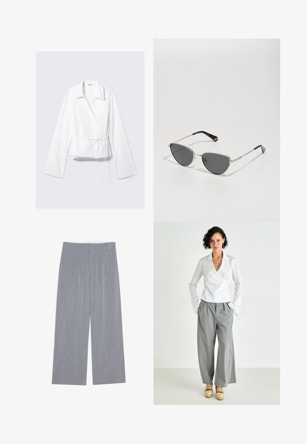 Hvit omslagstopp laget av glatt stoff, med en notched krage, lange ermer og en tettsittende midje med en knytedetalj. Enkel og moderne design.; Grå vide bukser med hvide lodrette striber, der har en plisseret frontdesign og et tekstureret stof.; Hvit omslagbluse med krage, kombinert med grå stripete vide bukser og beige plattformsko. Glatt stoff og avslappet passform.; Solf rammende solbriller i gullfarge med mørke linser, katteøyeform, og svarte tempelarmer med en regnbueakzent på den ene siden.