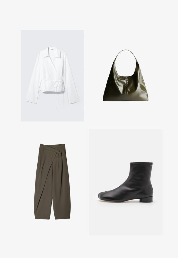 Top blanc enroulé en tissu lisse, présentant un col en V, des manches longues et une taille cintrée avec un détail à nouer. Design simple et moderne.; Pantalons à coupe large en tissu vert olive foncé, avec une finition plissée à l'avant, une fermeture à bouton et une surface texturée brillante.; MM6 Maison Margiela BOOT - Bottines - black; Sac à épaule en cuir vert olive avec une finition lisse et brillante. Présente un sommet arrondi et une forme douce et drapée. Design minimaliste.