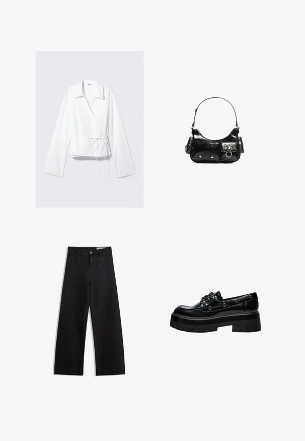 Fehér, sima anyagból készült blúz, kivágott gallérral, hosszú ujjakkal és övvel ellátott, testre simuló derékkal. Egyszerű és modern dizájn.; Fekete, bő szabású farmernadrág magas derékkal, elülső és hátsó zsebekkel, varrott felületekkel és gombos záródással. Sima textúra.; Fekete lakkbőr cipő, tömör platformmal, kerek orral, fűzős kialakítással és ezüst színű szemekkel. Textúrázott, bordázott talppal rendelkezik.; Fekete lakkbőr kézitáska ívelt formával, egy vállpánttal, elülső zsebekkel és ezüstszínű fémrészletekkel.