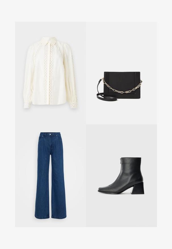 Hvit bluse med krage med knapper, teksturert stoff og intrikate blonderutskjæringer langs sidene og ermene.; Bredde ben jeans i blå denim med høy midje, frontlås med knapp og glidelås, samt front- og baklommer mot en ensfarget bakgrunn.; Sorte skinnankelsko med firkantet tå, glidelås på siden og blokkhæl mot en vanlig lys bakgrunn.; Svart lær crossbody-veske med glatt tekstur, rektangulær form og metallkjede detaljer på framsiden. Justerbar stroppe inkludert.