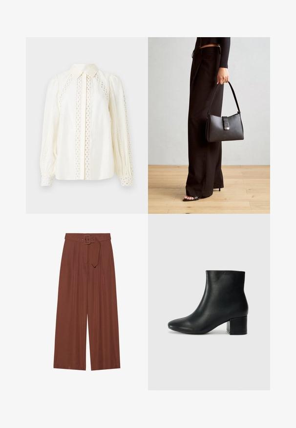 Camicia bianca con colletto a bottoni, tessuto testurizzato e dettagli in pizzo intricati lungo i lati e le maniche.; Pantaloni a gamba larga in tessuto marrone, con cintura a fibbia quadrata, design plissettato e texture liscia.; Stivali neri in pelle fino alla caviglia con punta appuntita e tacco spesso. Texture liscia con minimi dettagli e un design elegante e aderente.; Borsa nera con forma strutturata, texture liscia e una chiusura metallica. Abbinata a pantaloni neri larghi e sandali open-toe su un pavimento in legno.