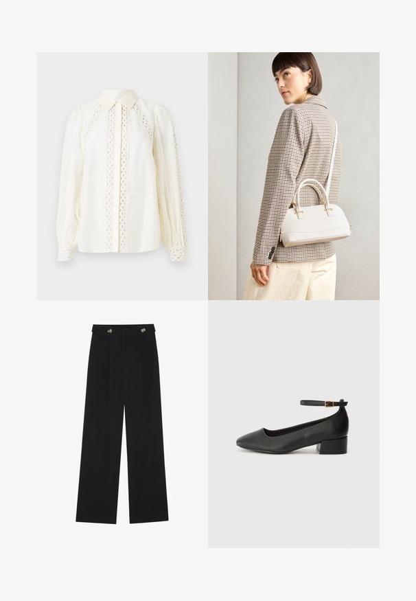 Bluză albă cu guler tip cămașă, stofă texturată și decupaje complicate din dantelă pe laturi și mâneci.; Pantaloni negri cu picioare largi, talie înaltă, detalii cu butoane pe talie și pliseuri în față.; Pantof cu toc negru din piele, cu vârf ascuțit și toc mic pătrat. Dispune de o curea la gleznă cu o cataramă în tonuri de aur. Textură netedă.; Geantă structurată albă, cu mânere scurte și curea de umăr, având accente din metal aurit și material texturat, expusă pe un fundal gri.