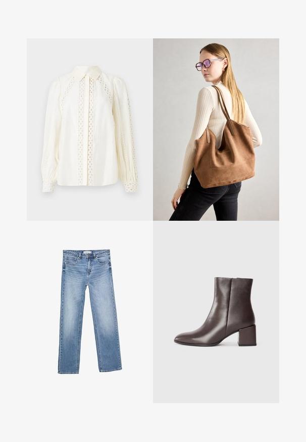 Bijela bluzica s kragnom na kopčanje, teksturiranom tkaninom i složenim čipkastim izrezima uz bokove i rukave.; Ravne traperice plave boje, s izblijeđenim efektom, pet džepova i klasičnim gumbom za kopčanje. Izrađene od pamučne tkanine s upadljivim šavovima.; Smeđe kožne gležnjače s elegantnim dizajnom, šiljastim vrhom i kvadratnom blok potpeticom. Glatka tekstura i minimalistička silueta.; Smeđa suede torba sa mekom teksturom, širokim otvorom i dugim trakama. Ima jednostavan dizajn s vidljivim šavovima i bez hardvera.