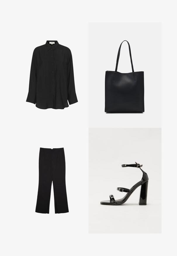 Maglietta nera a maniche lunghe realizzata in tessuto leggero, con colletto a punta, chiusura con bottoni e polsini leggermente svasati. Texture liscia.; Pantaloni neri a gamba dritta, con tasche frontali e spacchi laterali all'orlo. Realizzati in tessuto morbido e liscio. Adatti a diverse occasioni.; Sandali con tacco in vernice nera, con punta squadrata, cinturini alla caviglia e fibbie in argento. Presentano un tacco a blocco spesso per maggiore stabilità.; Borsa tote in pelle nera con texture liscia, forma rettangolare e due manici lunghi. Nessun hardware o decorazione visibile.