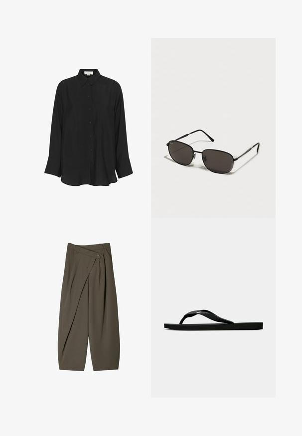 Black long-sleeve shirt made of lightweight fabric, featuring a pointed collar, button front, and slightly flared cuffs. Smooth texture.; Wide-fit trousers in dark olive green fabric, featuring a pleated front design, a button closure, and a polished, textured surface.; Black rubber flip-flop sandal with a textured thong strap and simple flat sole, shown from side on a plain light background.; Black metal sunglasses with oval frames, dark lenses, slim temples, and a subtle logo on the left lens. Elegant, minimalistic design.