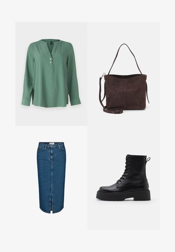 Zelená blúzka s dlhými rukávmi a výstrihom do V, s tromi zlatými gombíkmi vpredu a mierne zakriveným lemom. Hladká, jemná tkanina.; Džínová sukňa nastavujúca na ceruzku v tmavomodrej farbe, s predným rozparkem, piatimi vreckami a kontrastným prešívaním. Stredne vysoký pás s klasickým dizajnom.; Čierne kožené členkové topánky s okrúhlou špičkou, šnurovaním vpredu a hrubou gumovou podrážkou s textúrovaným vzorom. Sťahovací pútko na zadnej strane.; Hnedá semišová taška s mäkkou textúrou, vybavená jedným ramenným popruhom a jemne zakriveným horným otvorom. Bez viditeľných hardvérových detailov.