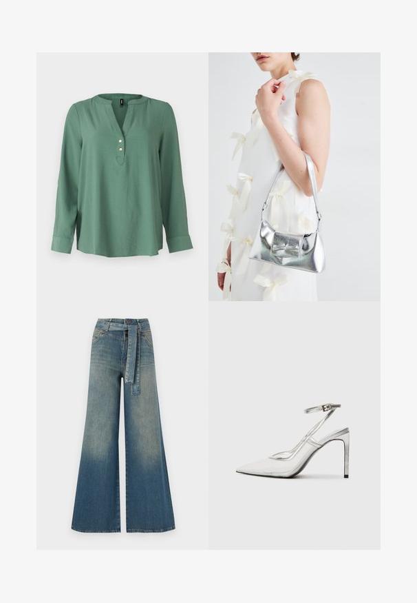 Zelená blůza s dlouhým rukávem a V-výstřihem, tři zlaté knoflíky vpředu a mírně zakřivený spodní lem. Hladká, měkká látka.; Džínové kalhoty širokého střihu s přechodem od světlé k tmavě modré, vysokým pasem, poutky na opasek a odpovídajícím opaskem ze stejného materiálu. Texturovaná džínovina.; Průhledná stiletto vysoká bota s špičatou špičkou, transparentní materiál, metalické stříbrné akcenty a nastavitelné pásky kolem kotníku.; Stříbrná kovová kabelka se strukturovaným tvarem, s horním držadlem a detailem v podobě mašle na přední straně. Hladký povrch, reflexní lesk.