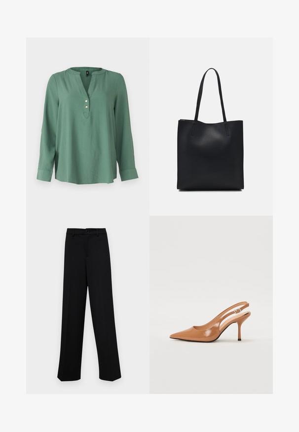 Blusa verde de mangas longas com decote em V, três botões dourados na frente e uma bainha ligeiramente curva. Tecido liso e macio.; Calças largas pretas, feitas de um tecido suave, com uma cintura clássica com fecho de botão e pregas frontais.; Sandal com bico fino e tacão slingback em um material liso e brilhante na cor tan. Apresenta um design de recorte curvo e um tacão alto e esbelto. Detalhe de fivela prateada.; Bolsa tote preta em couro com textura lisa, forma retangular e duas alças longas. Sem hardware ou enfeites visíveis.