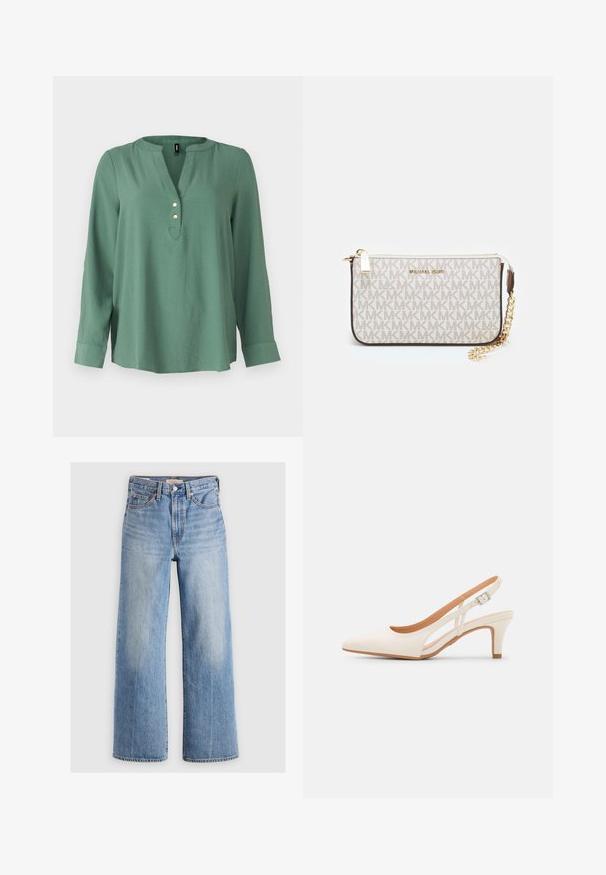 Zielona bluzka z długim rękawem, z dekoltem w serek, trzema złotymi guzikami z przodu i lekko zaokrąglonym dołem. Gładki, miękki materiał.; Jasnoniebieskie dżinsowe spodnie o szerokich nogawkach z wysokim stanem, wyblakłe miejsca, pięć kieszeni oraz kontrastowe przeszycia. Klasyczne zapięcie na guzik i zamek błyskawiczny.; Biała szpilka slingback z ostrym noskiem, gładkim materiałem wierzchnim, niskim obcasem blokowym oraz wycięciami po bokach i regulowanym paskiem z klamrą.; Portfel na nadgarstek marki Michael Kors w beżowej, pokrytej płótnem, z powtarzającym się wzorem logo MK, złotym okuciem i odpinanym łańcuszkowym paskiem.; Złote metaliczne kolczyki o falistym wzorze; gładka, odblaskowa powierzchnia; asymetryczny kształt; brak widocznych wzorów lub elementów metalowych.