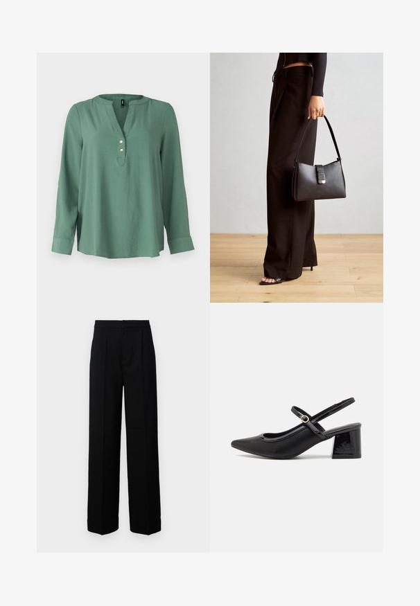 Zelena bluzica dugih rukava s V-izrezom, tri zlatne dugmadi sprijeda i lagano zakrivljenim rubom. Glatka, mekana tkanina.; Crne hlače širokih nogavica s glatkom teksturom, s ravnim prednjim dijelom, nabranim detaljima i krojenim pojasom. Nema vidljivih metalnih dijelova ili uzoraka.; Crne lakirane slingback visoke potpetice s šiljastim vrhom, zaobljenim izrezom i blok potpeticom. Sadrži akcent zlatnog tona s kopčom.; Crna torba s oblikom koji sadrži strukturu, glađu teksturu i metalnu kopču. Uparena s širokim crnim hlačama i sandalama na otvorenom s drvenog poda.