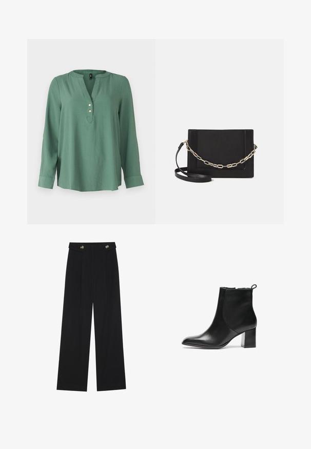 Green long-sleeve blouse with a V-neckline, three gold buttons at the front, and a slightly curved hemline. Smooth, soft fabric.; Black wide-leg trousers with high waist, button details on waistband, and front pleats.; Black leather ankle boot with a rounded toe, a mid-height block heel, and a pull tab at the back. Smooth texture, minimal design.; Black leather crossbody bag featuring a smooth texture, rectangular shape, and a metallic chain detail on the front. Adjustable strap included.