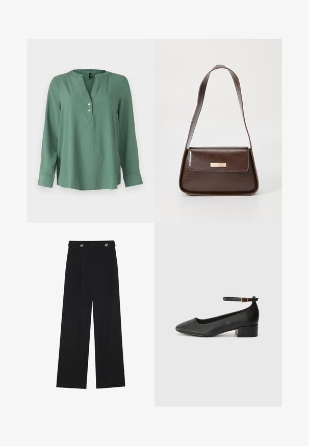 Roheline pikkade varrukatega pluus V-kaelusega, ees kolm kuldset nööpi ja kergelt kaarduv hemline. Sile ja pehme kangas.; Mustad laiad püksid kõrge vöökoha ja nööpdetailidega vööandil, esikortsudega.; Must mustaapp, millel on terav nina ja madal blokk-kand. Omab pahkluu rihma koos kuldse tooni pandlaga. Sile tekstuur.; Pruun nahast õlalina, millel on struktureeritud kuju, magnetist klapiga sulgemine ja esiküljel metallne logo aksessuaar.