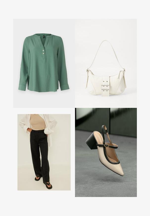 Zaļa garām piedurknēm blūze ar V-veida kakla izgriezumu, trīs zeltainām pogām priekšā un nedaudz izliekta apakšmalu. Gluda, maiga auduma.; Melnas augsto jostasvietu platas bikses, izgatavotas no viegla auduma, ar priekšējiem krokām un gludu tekstūru. Saskaņotas ar vienkāršām melnām flip-flop sandalēm.; Beige smailā purngalā siksnu kurpe ar melnu akcentu, zelta sprādzi un masīvu bloku papēdi uz pelēka grīdas ar tumši zaļu fonu.; Balts plecu soma ar teksturētu apdari, centrālu sprādzi un izliekta forma. Ražota ar rāvējslēdzēja aizdares abās pusēs.