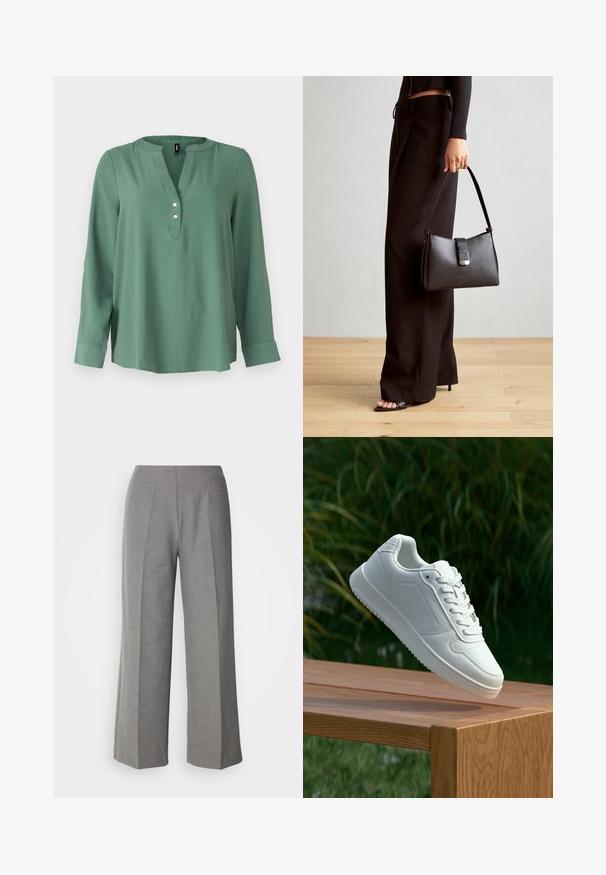 Blusa verde de manga larga con escote en V, tres botones dorados en la parte delantera y un dobladillo ligeramente curvado. Tejido suave y liso.; Pantalones de pierna ancha grises a medida con una textura suave, que presentan un frente plano y líneas de pliegue nítidas en cada pierna.; Zapatilla blanca con un upper sintético suave, caja de dedos perforada, cordones planos y una suela texturizada, exhibida sobre una superficie de madera.; Bolso negro con forma estructurada, textura suave y un cierre metálico. Combinado con pantalones anchos negros y sandalias de dedo en un suelo de madera.